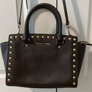 Authentic Michael Kors leather handbag. Chocolate Brown with gold studs.